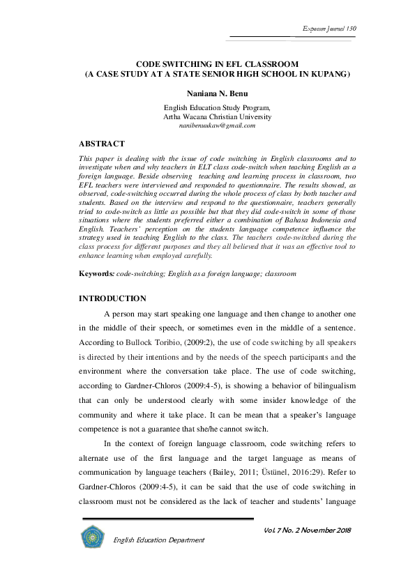 (PDF) Code Swithing in Efl Classroom (A Case Study at a State Senior ...