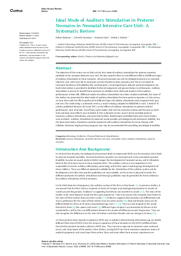 (PDF) Ideal Mode of Auditory Stimulation in Preterm Neonates in ...