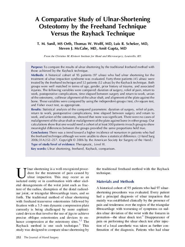 (PDF) A Comparative Study of Ulnar-Shortening Osteotomy by the Freehand ...