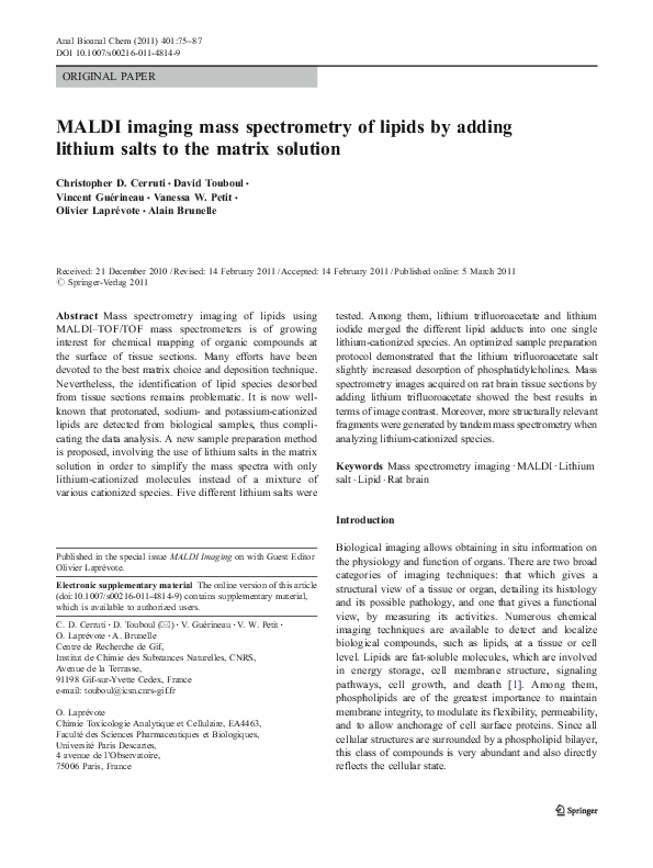 (PDF) MALDI imaging mass spectrometry of lipids by adding lithium salts ...