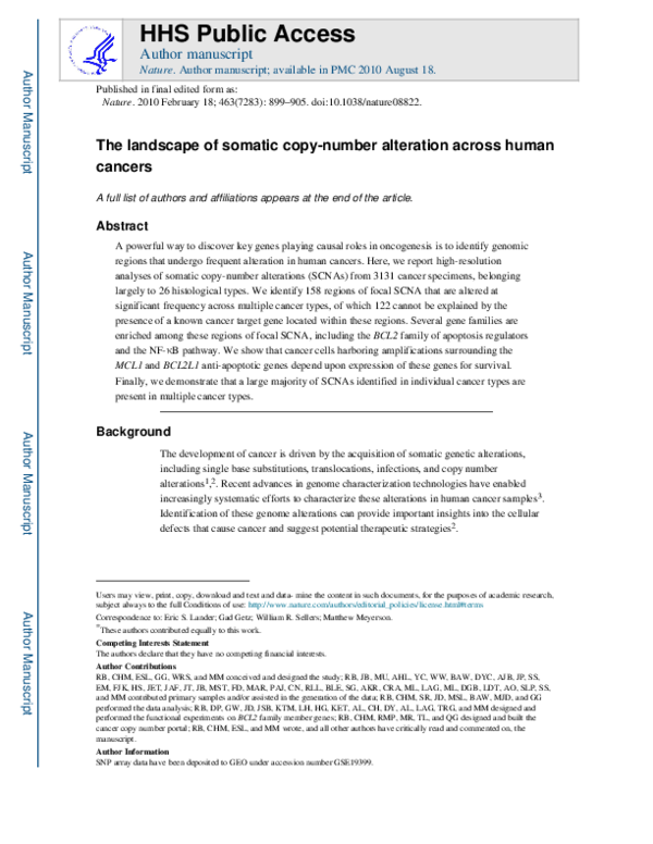 (PDF) The landscape of somatic copy-number alteration across human cancers