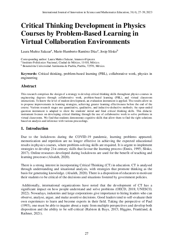(PDF) Critical thinking development in physics courses by PBL in ...