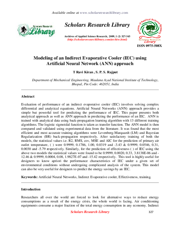 (PDF) Modeling of an Indirect Evaporative Cooler (IEC) using Artificial ...