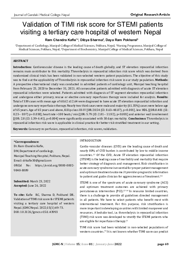 (PDF) Validation of TIMI risk score for STEMI patients visiting a ...