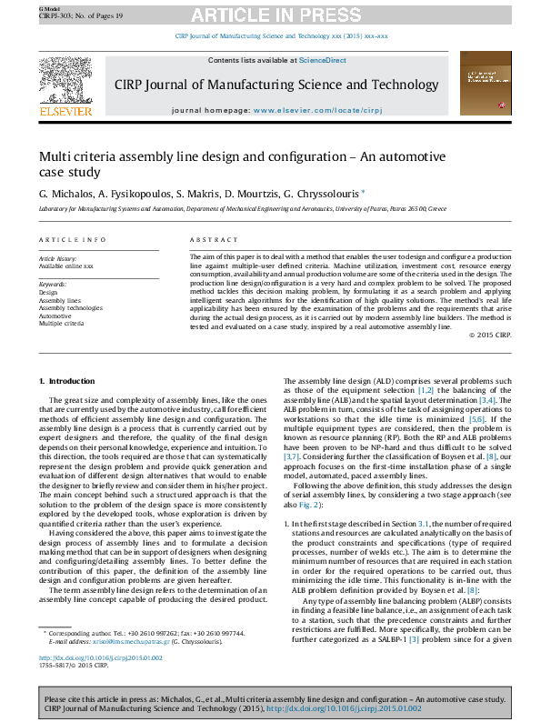 (PDF) Multi criteria assembly line design and configuration – An ...