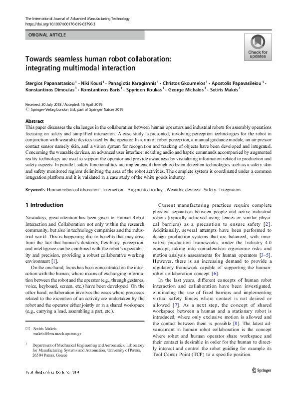 (PDF) Towards seamless human robot collaboration: integrating ...