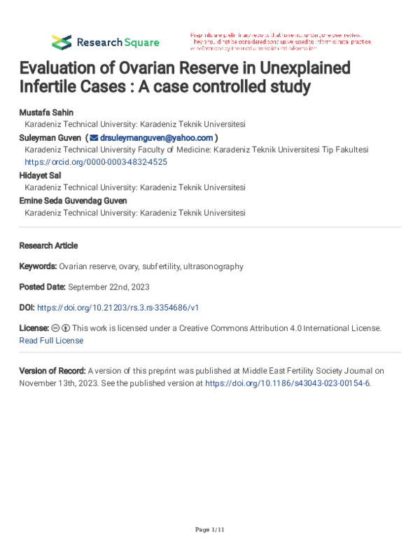 (PDF) Evaluation of Ovarian Reserve in Unexplained Infertile Cases : A ...