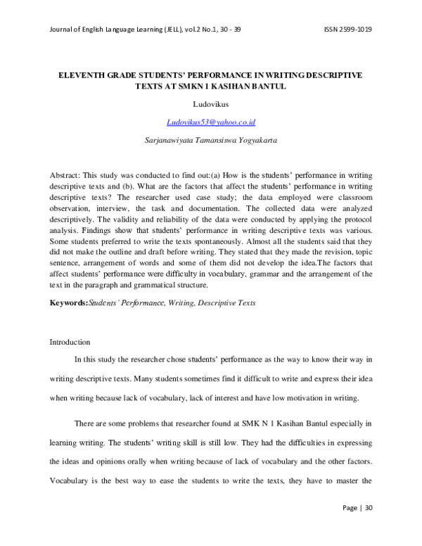 (PDF) Eleventh Grade Students’ Performance in Writing Descriptive Texts ...