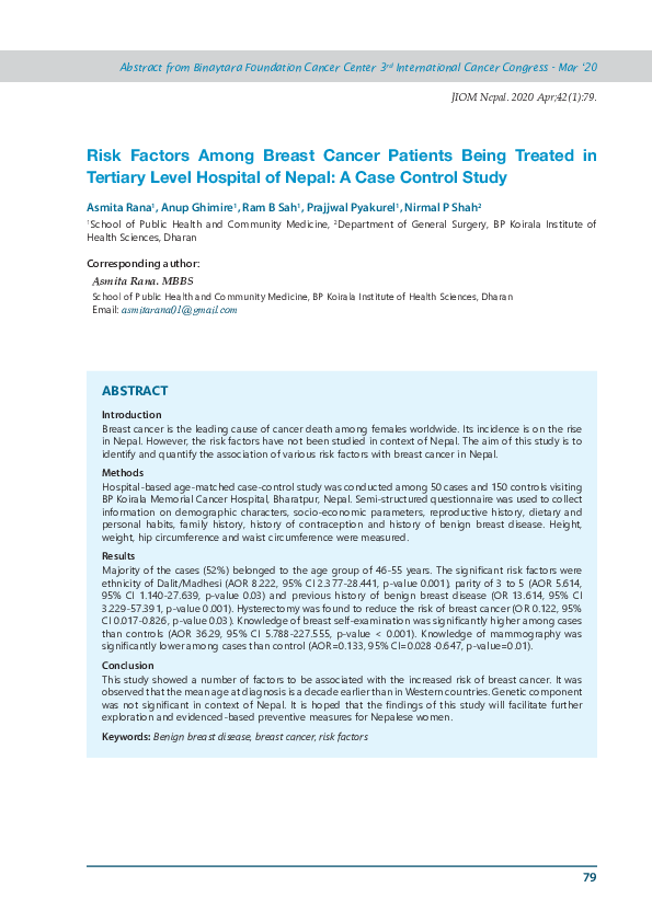 (PDF) Risk Factors Among Breast Cancer Patients Being Treated in ...