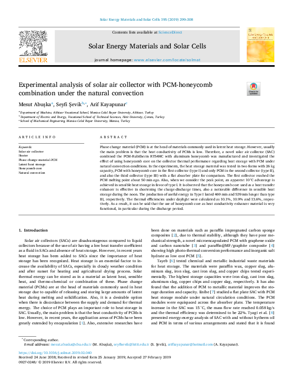 (PDF) Experimental analysis of solar air collector with PCM-honeycomb ...