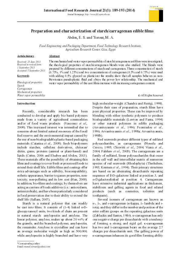 (PDF) Preparation and characterization of starch/carrageenan edible films