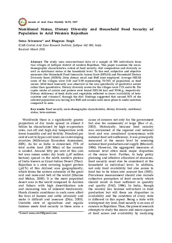 (PDF) Nutritional Status, Dietary Diversity and Household Food Security ...