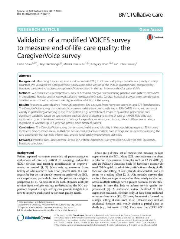 (PDF) Validation of a modified VOICES survey to measure end-of-life ...