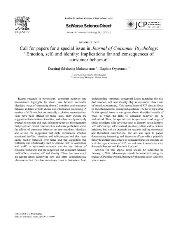 (PDF) Call for papers for a special issue in Journal of Consumer ...