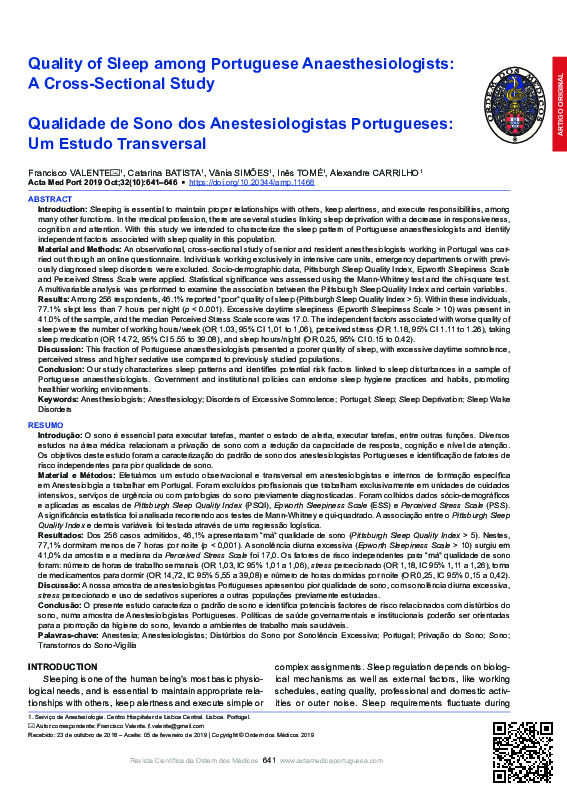 (PDF) Quality of Sleep among Portuguese Anaesthesiologists: A Cross ...
