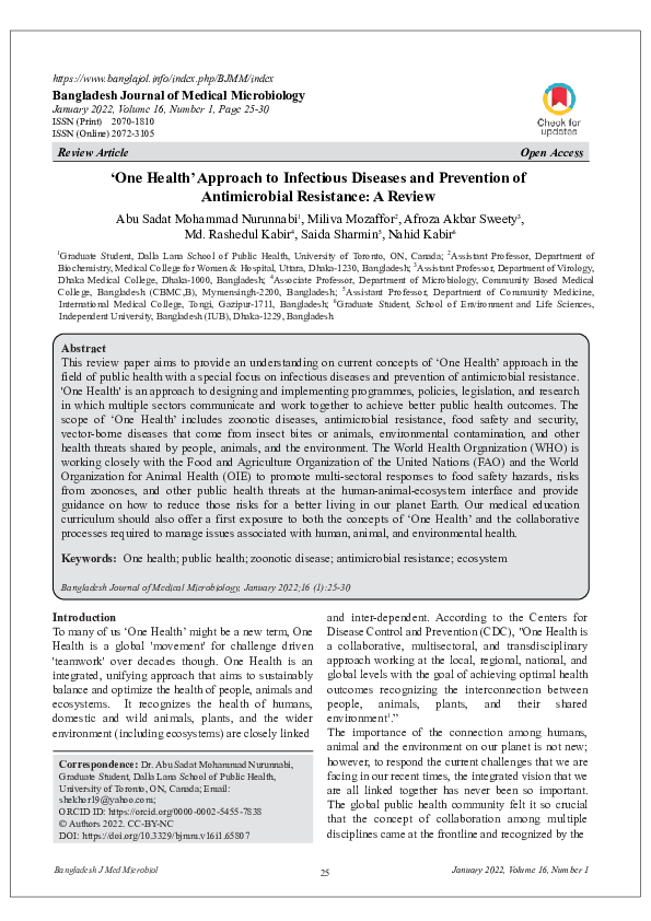 (PDF) ‘One Health’ Approach to Infectious Diseases and Prevention of ...