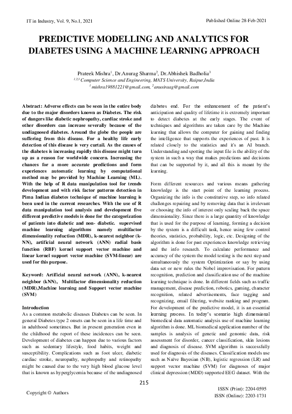 (PDF) Predictive Modelling and Analytics for Diabetes Using a Machine ...