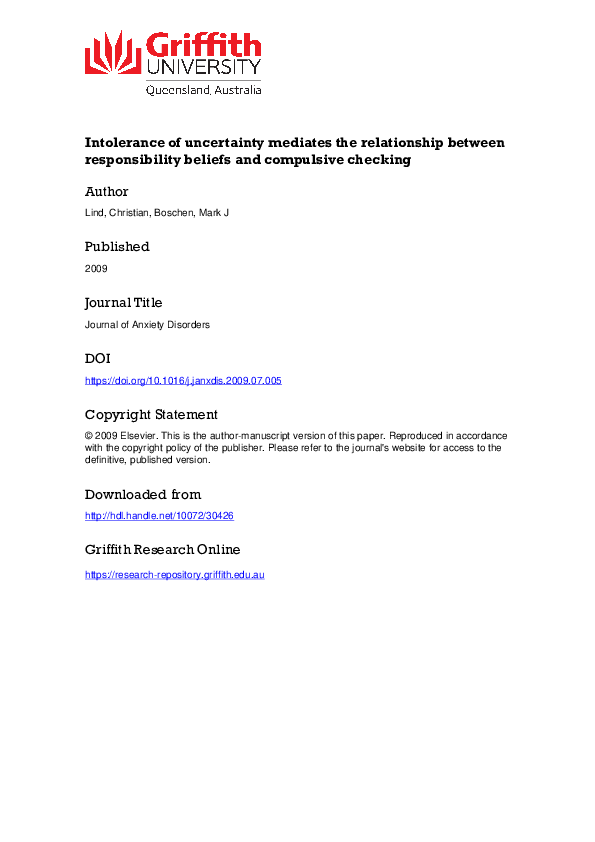 (PDF) Responsibility , doubt and compulsive checking 1 Running head ...