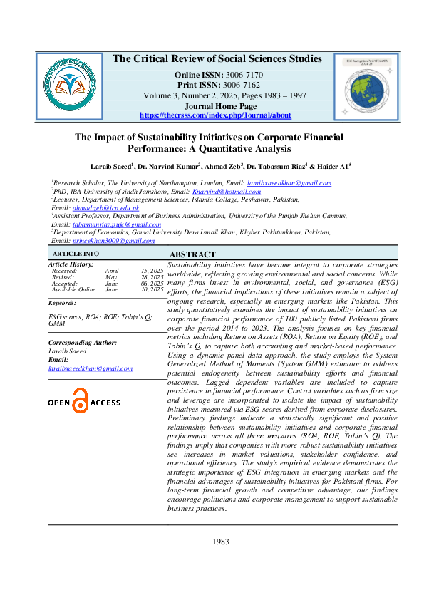 (PDF) The Impact of Sustainability Initiatives on Corporate Financial ...