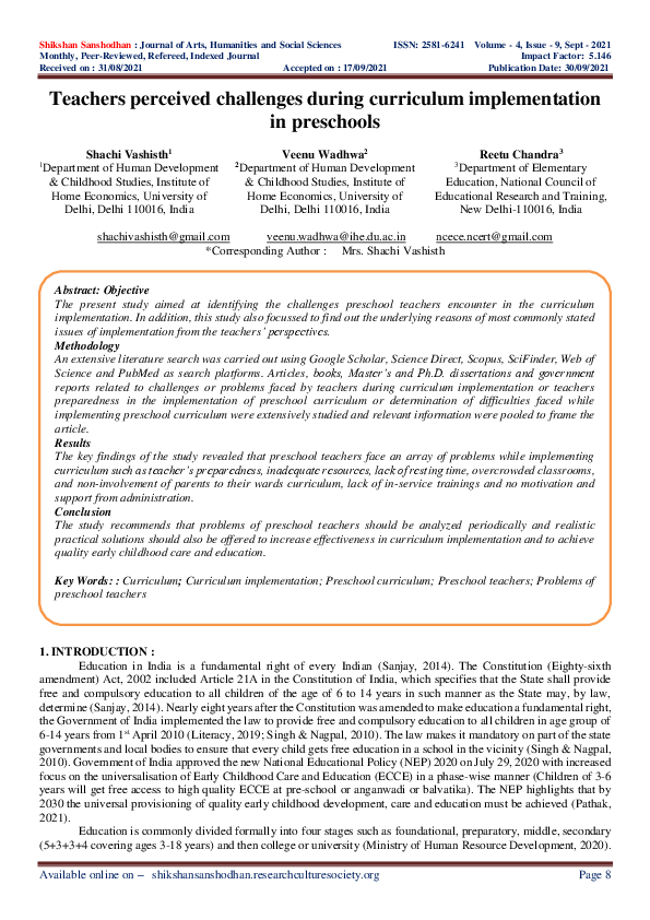 (PDF) Teachers perceived challenges during curriculum implementation in ...