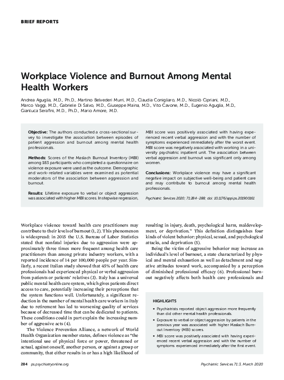 (PDF) Workplace Violence and Burnout Among Mental Health Workers