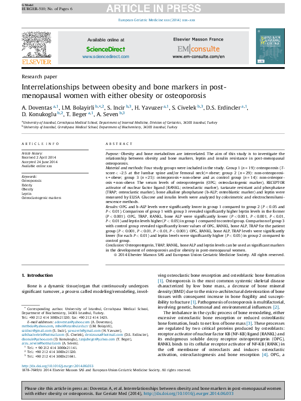 (PDF) Interrelationships between obesity and bone markers in post ...