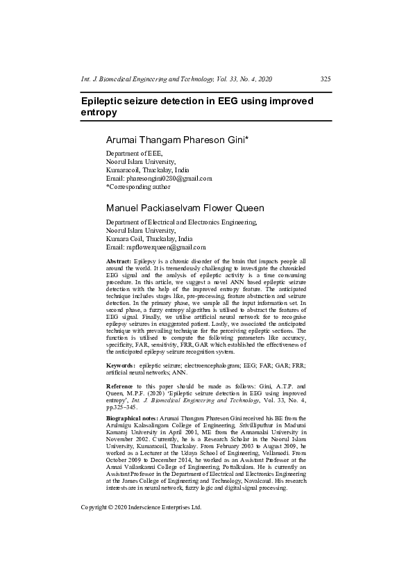 (PDF) Epileptic seizure detection in EEG using improved entropy
