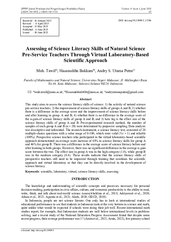 (PDF) Assessing of Science Literacy Skills of Natural Science Pre ...