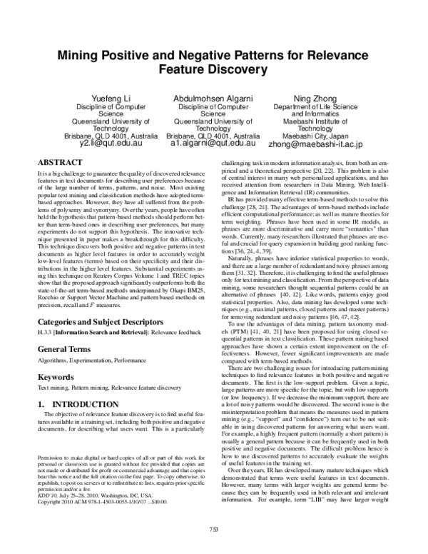 (PDF) Mining positive and negative patterns for relevance feature discovery