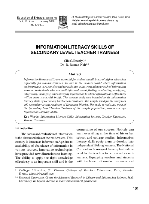 (PDF) Information Literacy Skills of Secondary Level Teacher Trainees