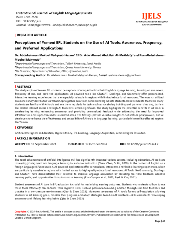 (PDF) Perceptions of Yemeni EFL Students on the Use of AI Tools ...
