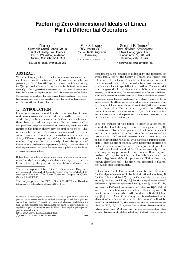 (PDF) Factoring zero-dimensional ideals of linear partial differential ...