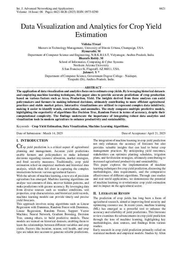 (PDF) Data Visualization and Analytics for Crop Yield Estimation