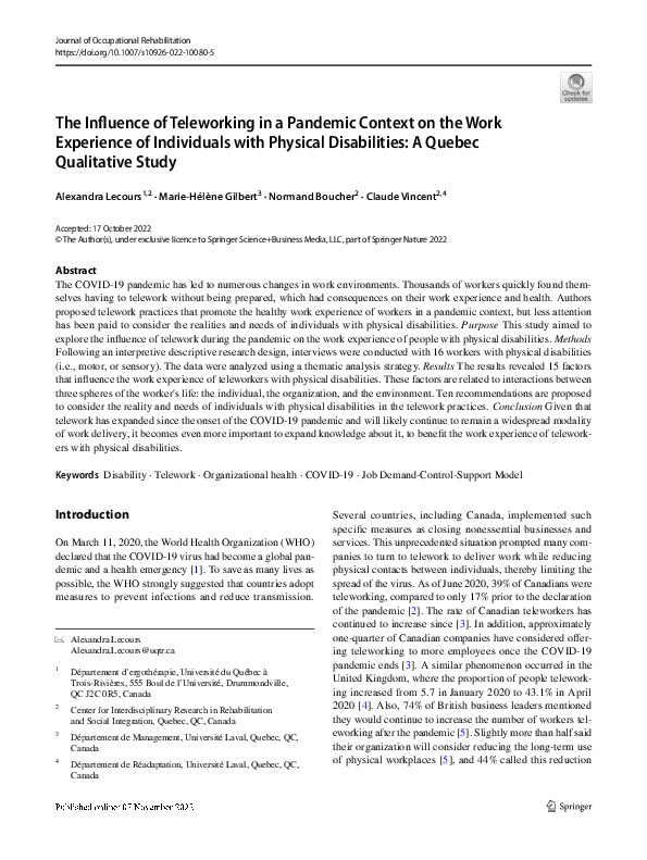 (PDF) The Influence of Teleworking in a Pandemic Context on the Work ...