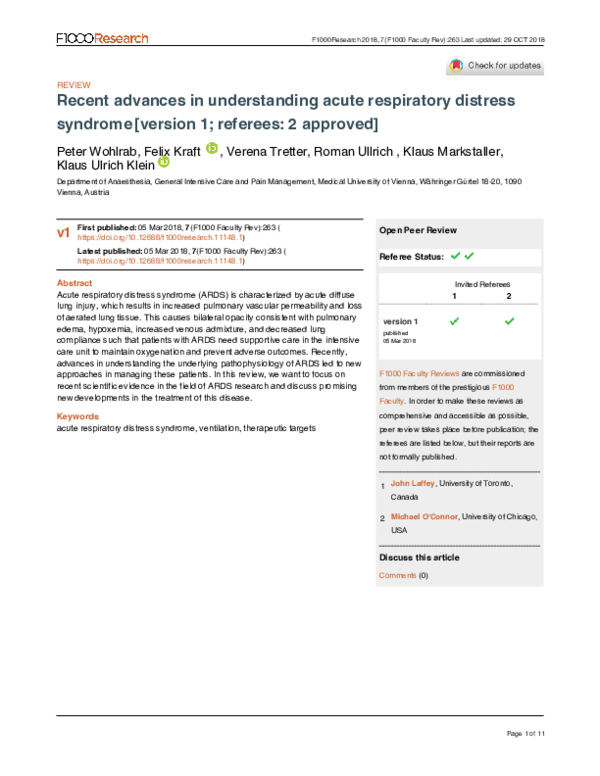 (PDF) Recent advances in understanding acute respiratory distress syndrome