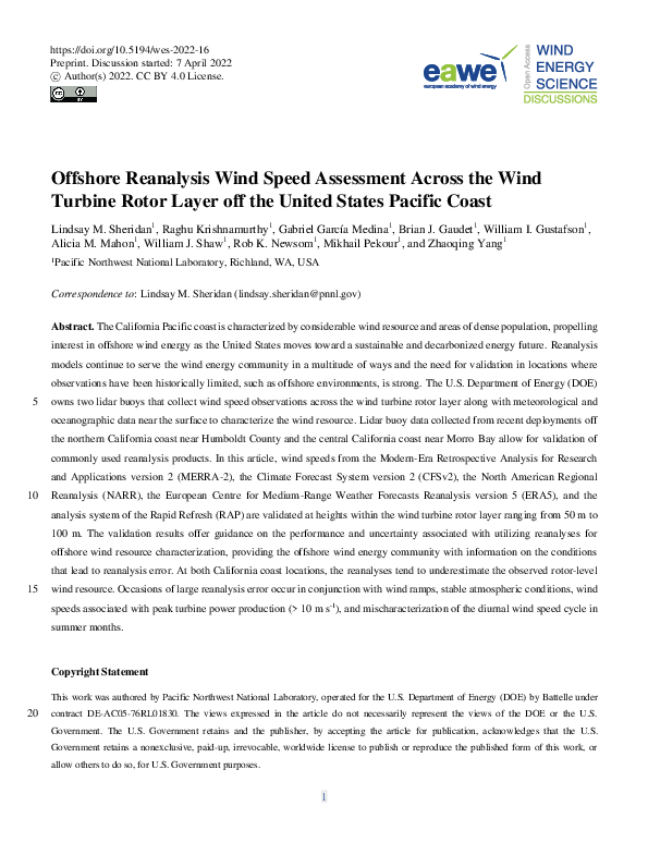 (PDF) Offshore Reanalysis Wind Speed Assessment Across the Wind Turbine ...