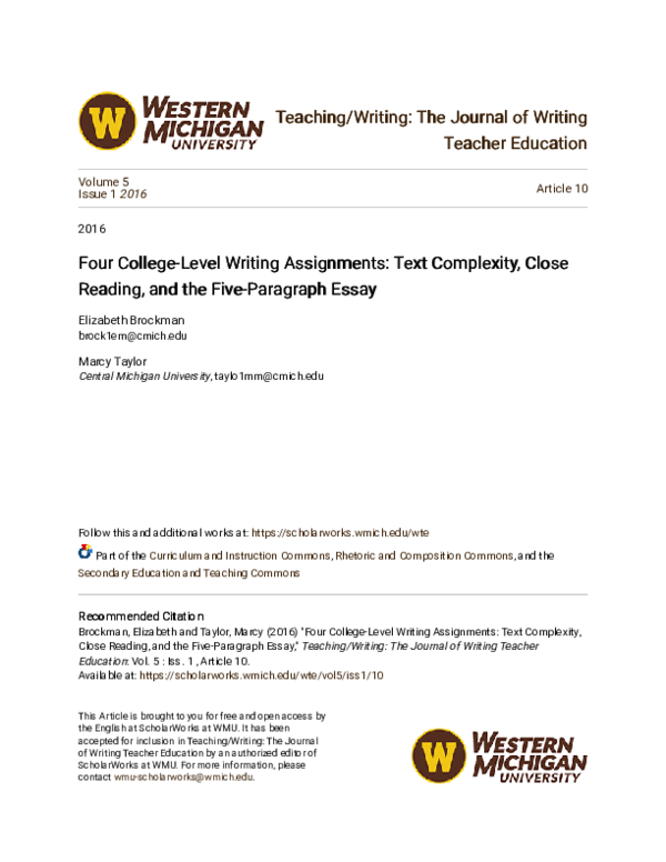 (PDF) Four College-Level Writing Assignments: Text Complexity, Close ...