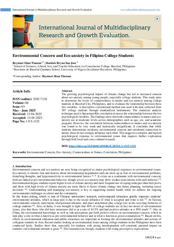 (PDF) Environmental Concern and Eco-anxiety in Filipino College Students