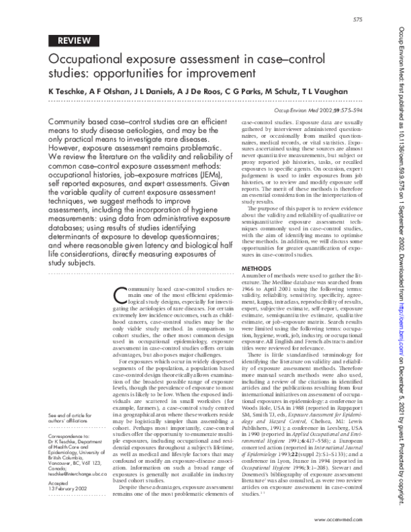 (PDF) Occupational exposure assessment in case-control studies ...