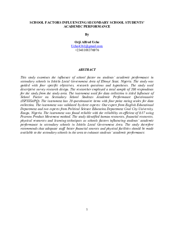(PDF) SCHOOL FACTORS INFLUENCING SECONDARY SCHOOL STUDENTS' ACADEMIC ...