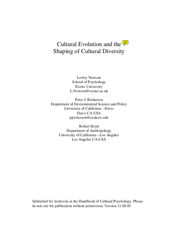 (PDF) Cultural evolution and the shaping of cultural diversity