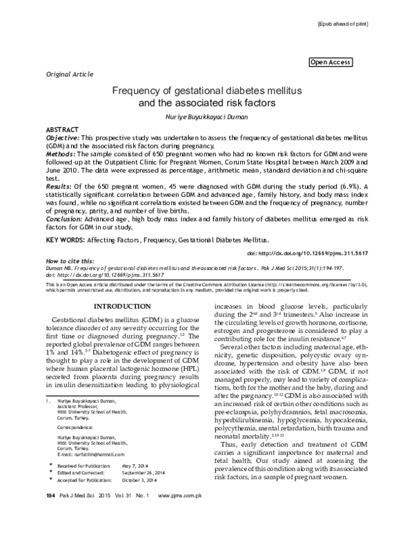 (PDF) Frequency of Gestational Diabetes Mellitus and the Associated ...
