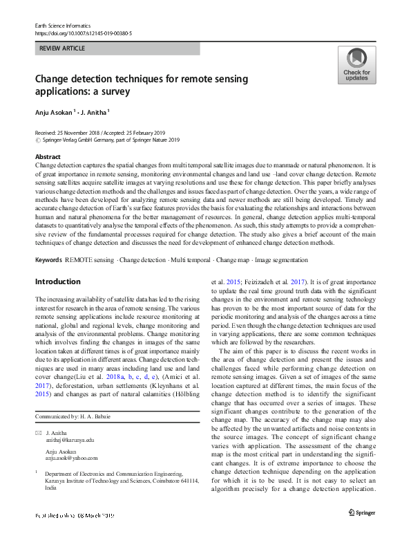 (PDF) Change detection techniques for a remote sensing application: An ...