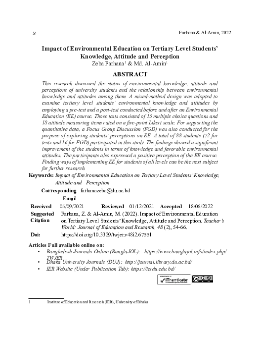(PDF) Impact of Environmental Education on Tertiary Level Students ...