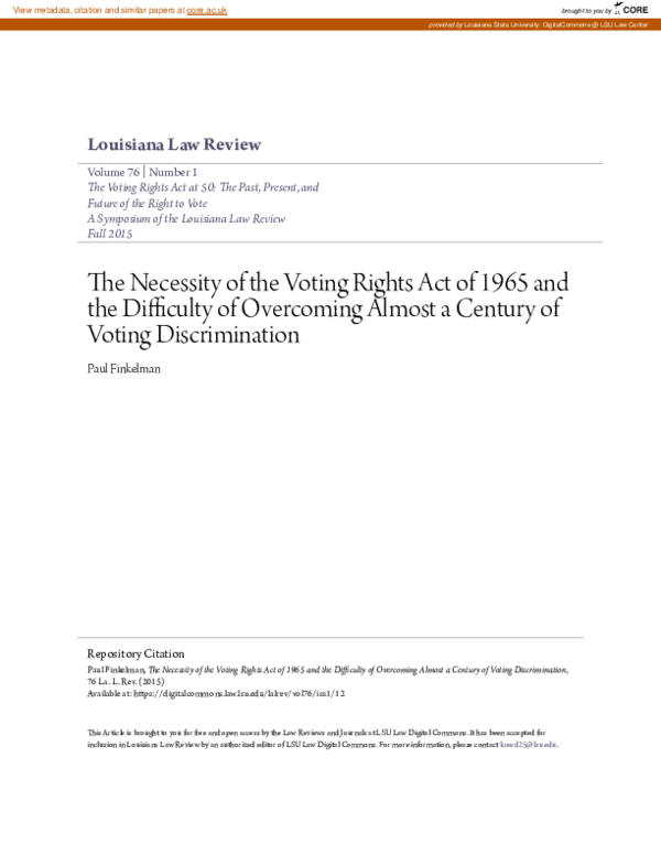(PDF) The Necessity of the Voting Rights Act of 1965 and the Difficulty ...