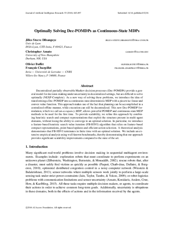 (PDF) Optimally Solving Dec-POMDPs as Continuous-State MDPs