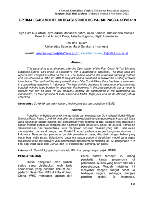(PDF) Optimalisasi Model Mitigasi Stimulus Pajak Pasca COVID-19