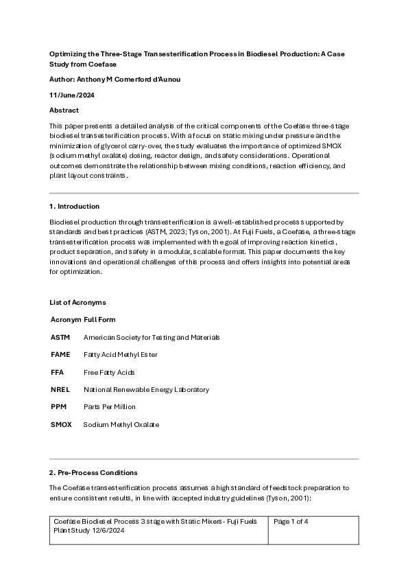 (PDF) Biodiesel Process- 3 stage Transesterification with Static Mixers