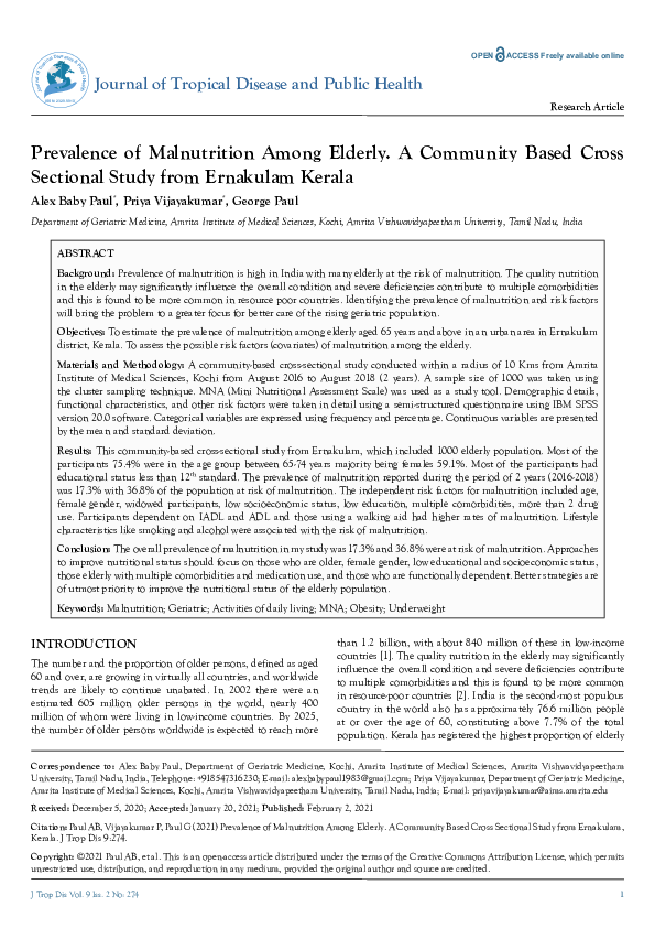 (PDF) Prevalence of Malnutrition Among Elderly. A Community Based Cross ...