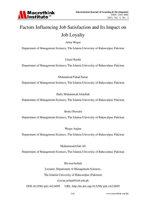 (PDF) Factors Influencing Job Satisfaction and Its Impact on Job Loyalty